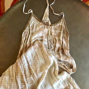 Tie-dye Maxi dress w/beaded details at neckline.